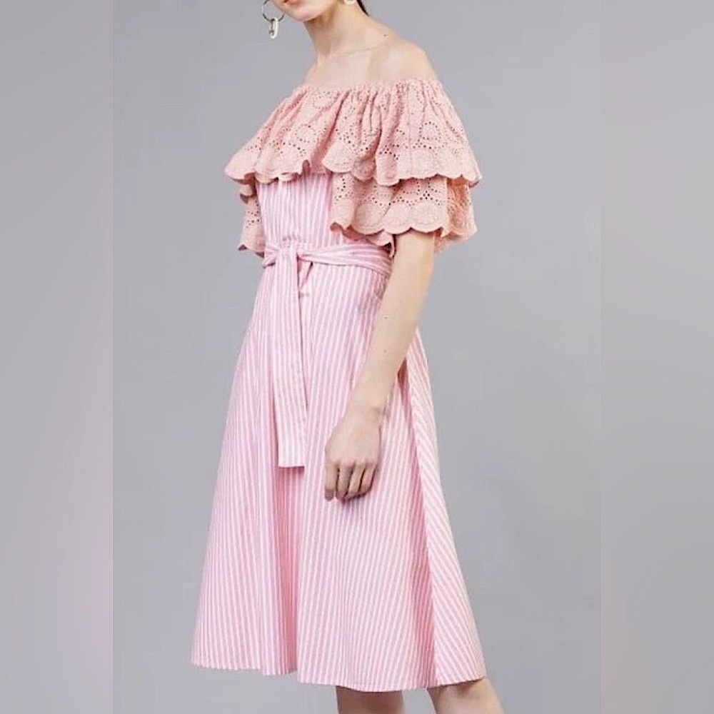 (2 for $29) Pink striped Off-Shoulder Ruffle Dress. Size S/M